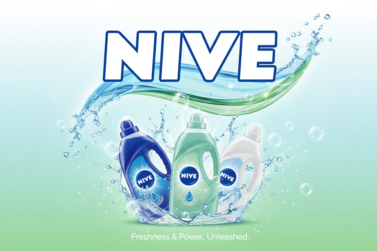 Generate a banner image fot detergent liquids with brand name nive